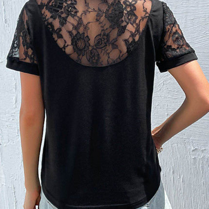 Spliced Lace Round Neck Short Sleeve Top - MimiStylez