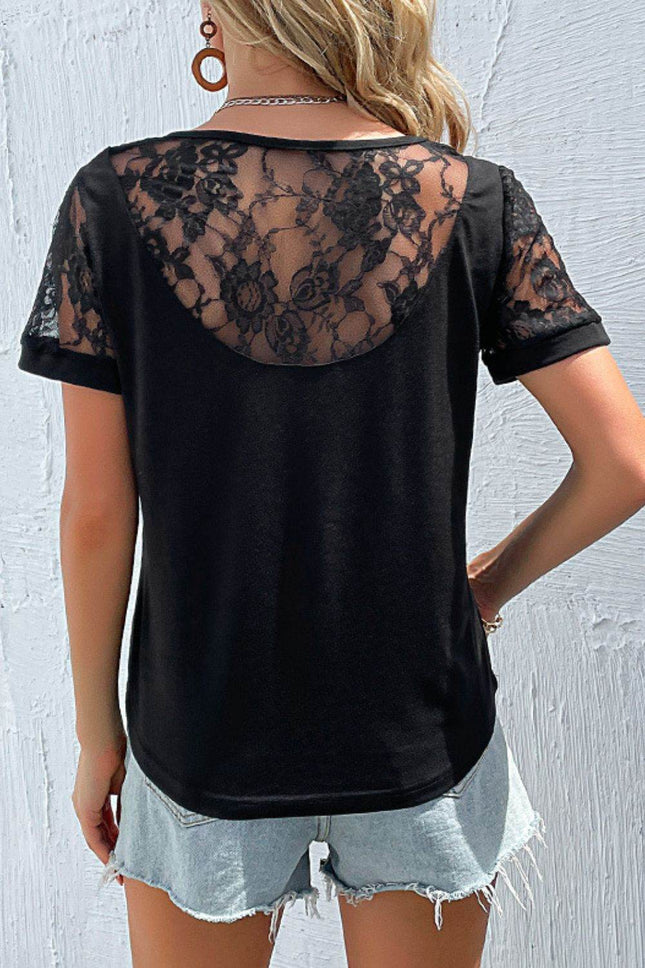 Spliced Lace Round Neck Short Sleeve Top - MimiStylez