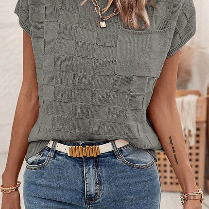Plaid Pocketed Round Neck Sweater - MimiStylez