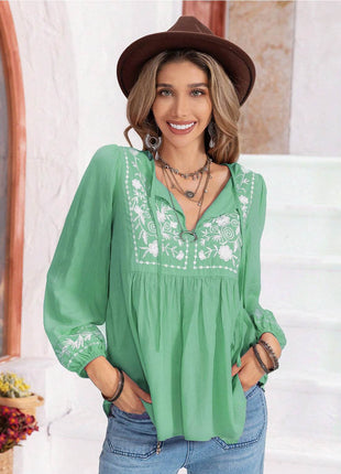 Floral Tie Neck Balloon Sleeve Blouse - MimiStylez