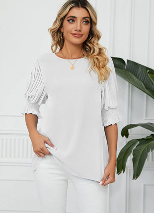 Pleated Flounce Sleeve Keyhole Blouse - MimiStylez