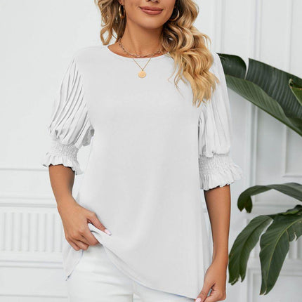 Pleated Flounce Sleeve Keyhole Blouse - MimiStylez