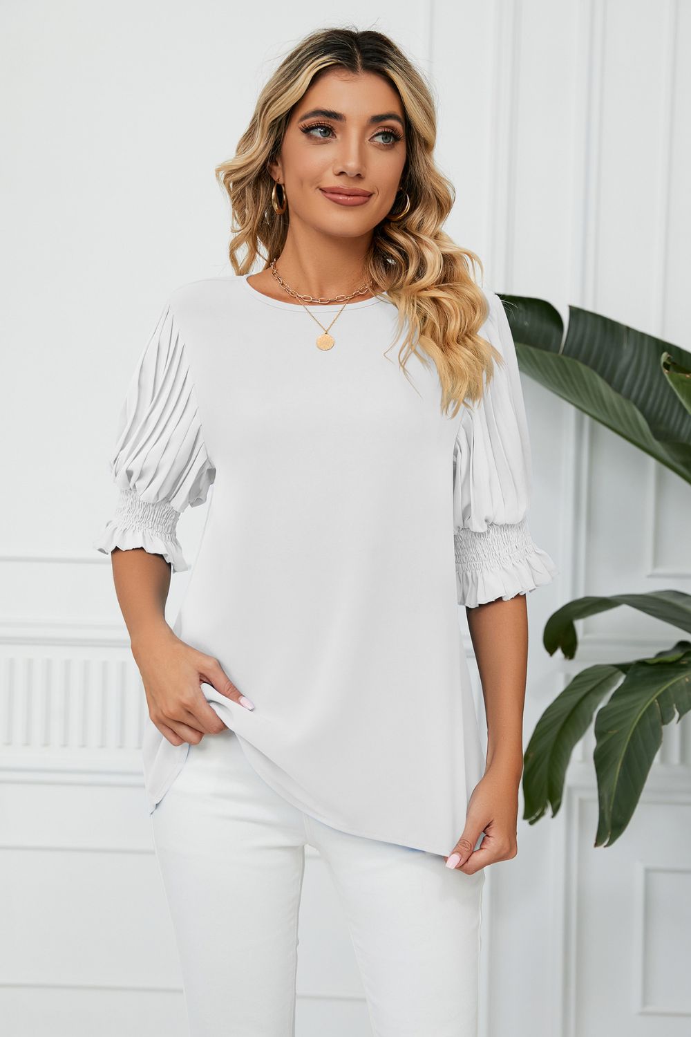 Pleated Flounce Sleeve Keyhole Blouse