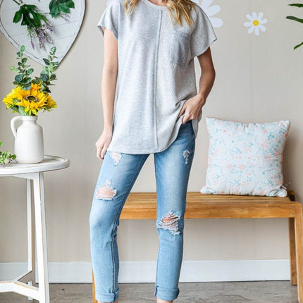 Heimish Full Size Pocketed Round Neck Short Sleeve T-Shirt - MimiStylez