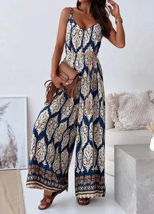 Printed V-Neck Wide Leg Jumpsuit - MimiStylez