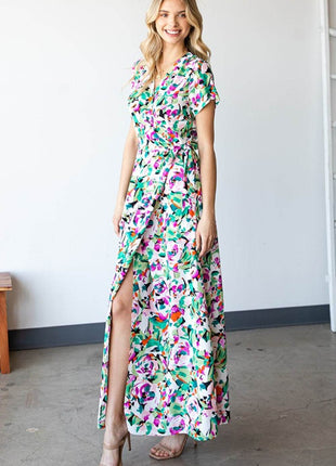 First Love Slit Printed Surplice Tie Waist Short Sleeve Dress - MimiStylez