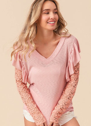 BiBi Ruffled Lace Sleeve Rib Knit Top - MimiStylez