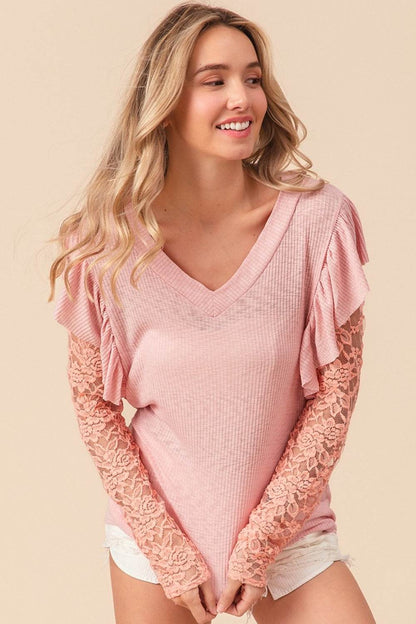 BiBi Ruffled Lace Sleeve Rib Knit Top - MimiStylez