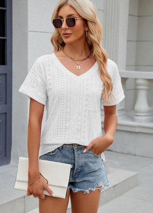 Eyelet V-Neck Short Sleeve T-Shirt - MimiStylez