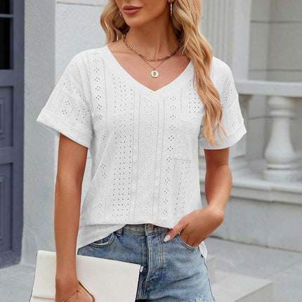 Eyelet V-Neck Short Sleeve T-Shirt - MimiStylez