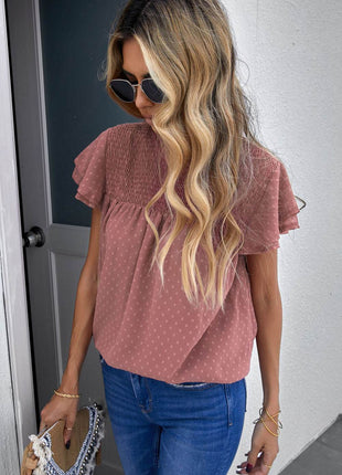 Polka Dot Smocked Flutter Sleeve Blouse - MimiStylez