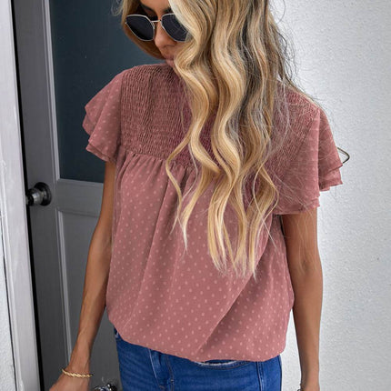 Polka Dot Smocked Flutter Sleeve Blouse - MimiStylez