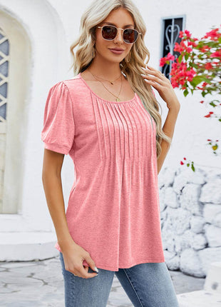 Ruched Scoop Neck Short Sleeve Blouse - MimiStylez