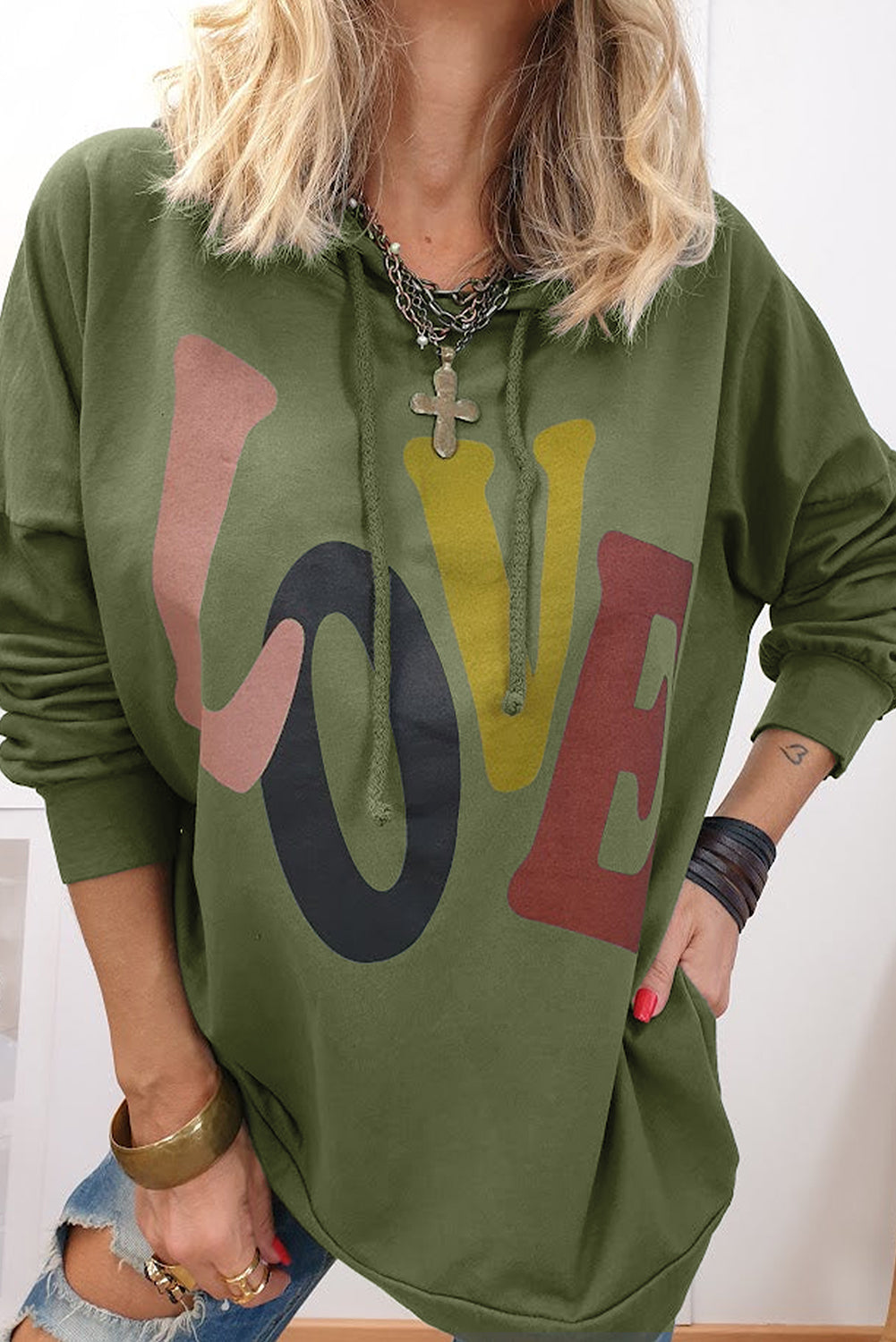 LOVE Sudadera con capucha y hombros caídos con cordón