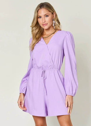 Double Take Full Size Drawstring Long Sleeve Romper - MimiStylez