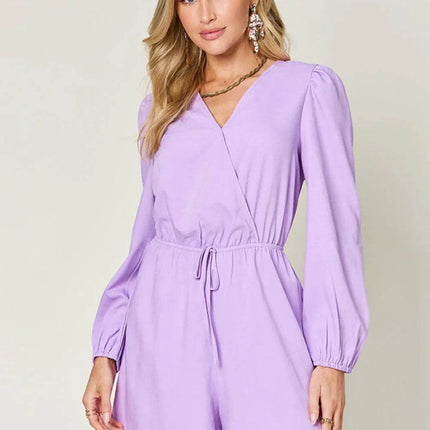 Double Take Full Size Drawstring Long Sleeve Romper - MimiStylez