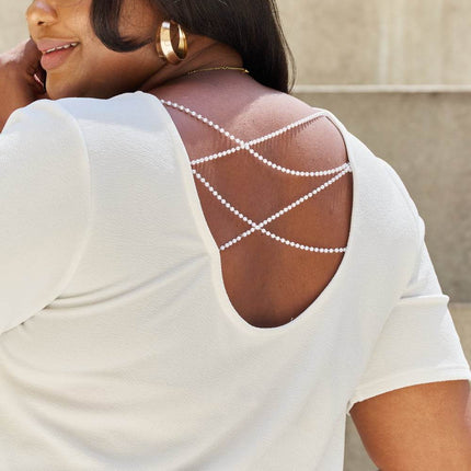 And The Why Pearly White Full Size Criss Cross Pearl Detail Open Back T-Shirt - MimiStylez