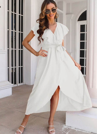 Ruffled Surplice Tie Waist Slit Midi Dress - MimiStylez