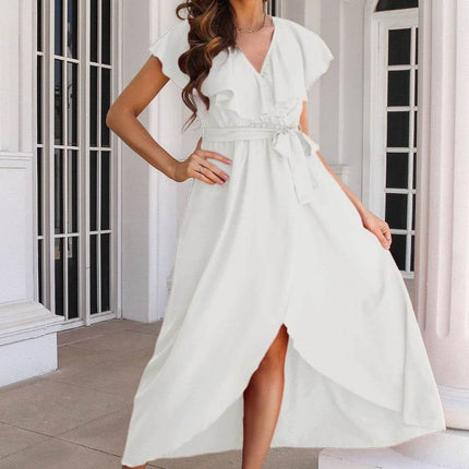 Ruffled Surplice Tie Waist Slit Midi Dress - MimiStylez