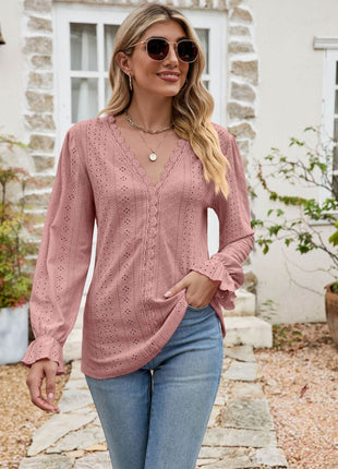 Eyelet Lace Trim Flounce Sleeve Blouse - MimiStylez