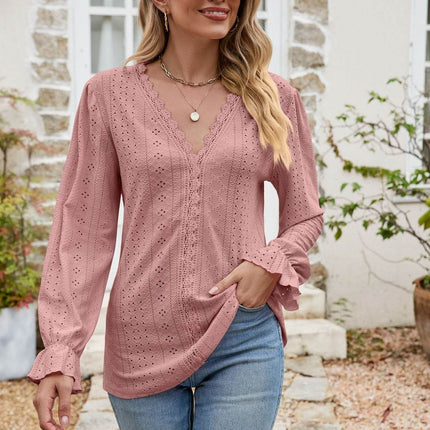 Eyelet Lace Trim Flounce Sleeve Blouse - MimiStylez