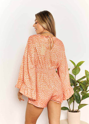 Double Take Printed Flare Sleeve Surplice Romper - MimiStylez