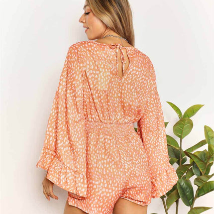 Double Take Printed Flare Sleeve Surplice Romper - MimiStylez