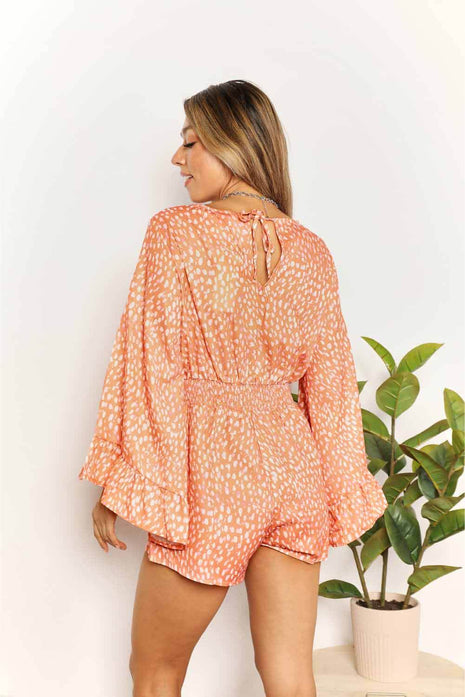 Double Take Printed Flare Sleeve Surplice Romper - MimiStylez