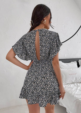 Cutout Ditsy Floral Surplice Flounce Sleeve Dress - MimiStylez