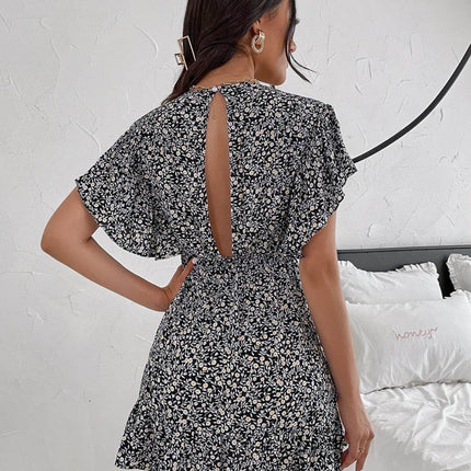 Cutout Ditsy Floral Surplice Flounce Sleeve Dress - MimiStylez