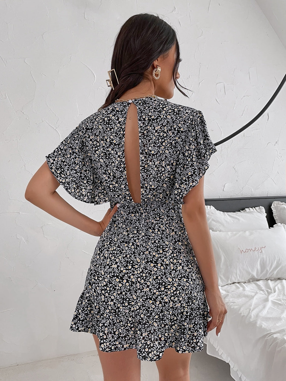 Cutout Ditsy Floral Surplice Flounce Sleeve Dress