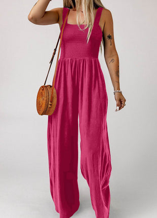 Smocked Square Neck Wide Leg Jumpsuit with Pockets - MimiStylez