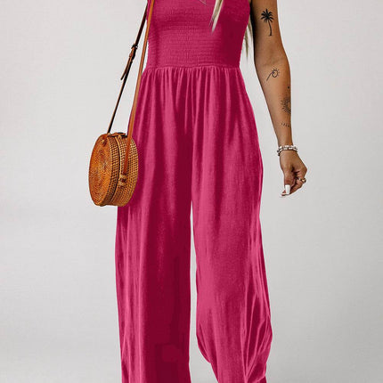 Smocked Square Neck Wide Leg Jumpsuit with Pockets - MimiStylez