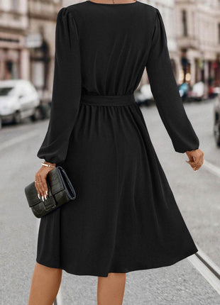 Tie Waist Notched Neck Long Sleeve Dress - MimiStylez