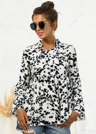 Printed Flare Sleeve Tie Neck Ruffle Trim Blouse - MimiStylez