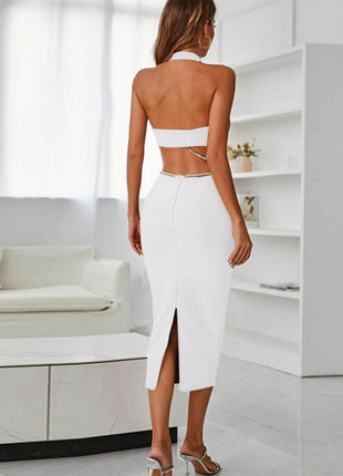 Rhinestone Halter Neck Cutout Slit Midi Dress - MimiStylez