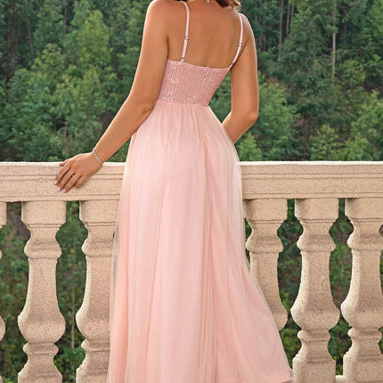 Spaghetti Strap Slit Mesh Dress - MimiStylez