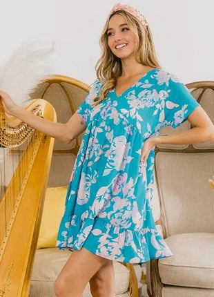 BiBi Floral Crinkle Shirred Ruffle Detail V Neck Dress - MimiStylez