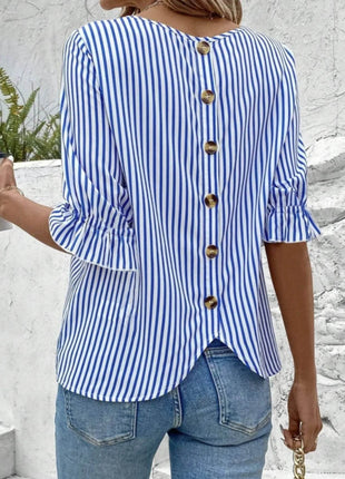 Striped Round Neck Half Sleeve Casual Blouse - MimiStylez