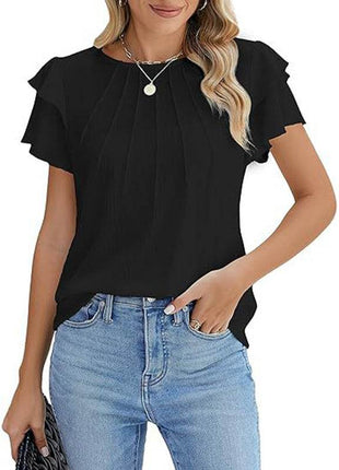 Women's Ruffle Short Sleeve Shirts Dressy Casual Crewneck Top - MimiStylez