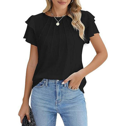 Women's Ruffle Short Sleeve Shirts Dressy Casual Crewneck Top - MimiStylez