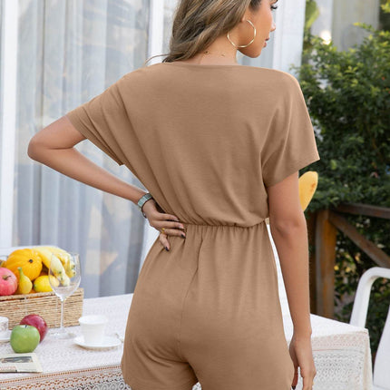 Decorative Button Round Neck Short Sleeve Romper - MimiStylez