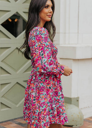 Floral Smocked V-Neck Flounce Sleeve Dress - MimiStylez