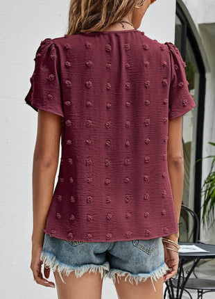 Swiss Dot Round Neck Petal Sleeve Top - MimiStylez
