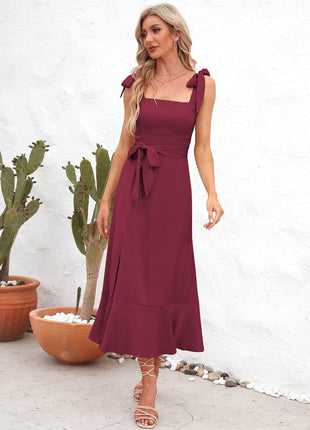 Square Neck Tie Strap Midi Dress - MimiStylez