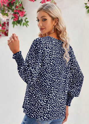 Printed V-Neck Lantern Sleeve Blouse - MimiStylez