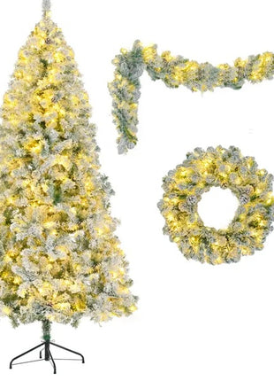 6FT Snow Flocked Christmas Tree  Pre Lit Set With Tree Garland & Wreath, Artificial Hinged Xmas Tree With Colorful LED Lights8 Lighting Modes, Pine Cones