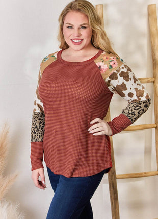 Hailey & Co Full Size Leopard Waffle-Knit Blouse - MimiStylez