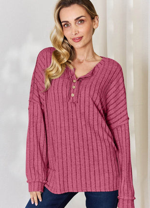 Basic Bae Full Size Ribbed Half Button Long Sleeve T-Shirt - MimiStylez
