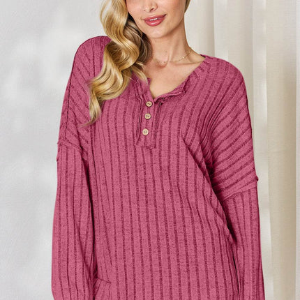 Basic Bae Full Size Ribbed Half Button Long Sleeve T-Shirt - MimiStylez